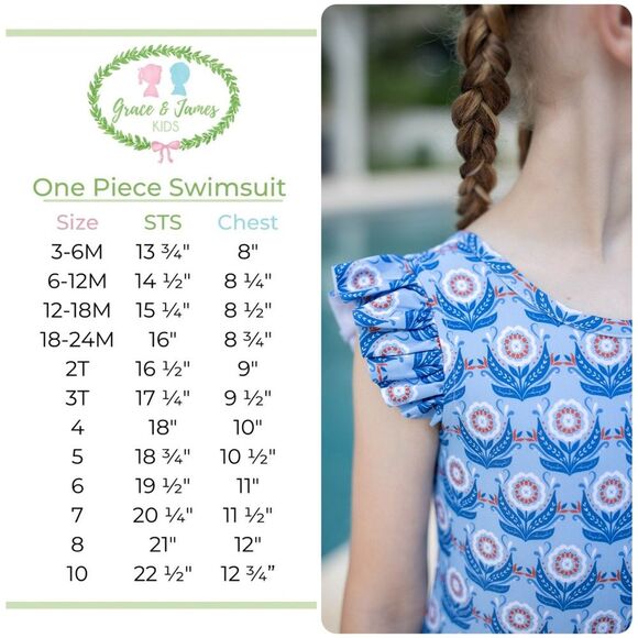 Grace & James Kids Frances One Piece Ruffle Trim Swimsuit in Blue | Size 6 - Picture 8 of 9